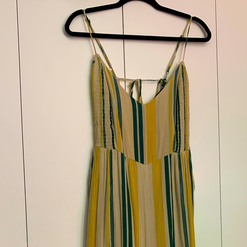 Francesca’s Blue Rain maxi yellow & green striped spaghetti strap linen romper